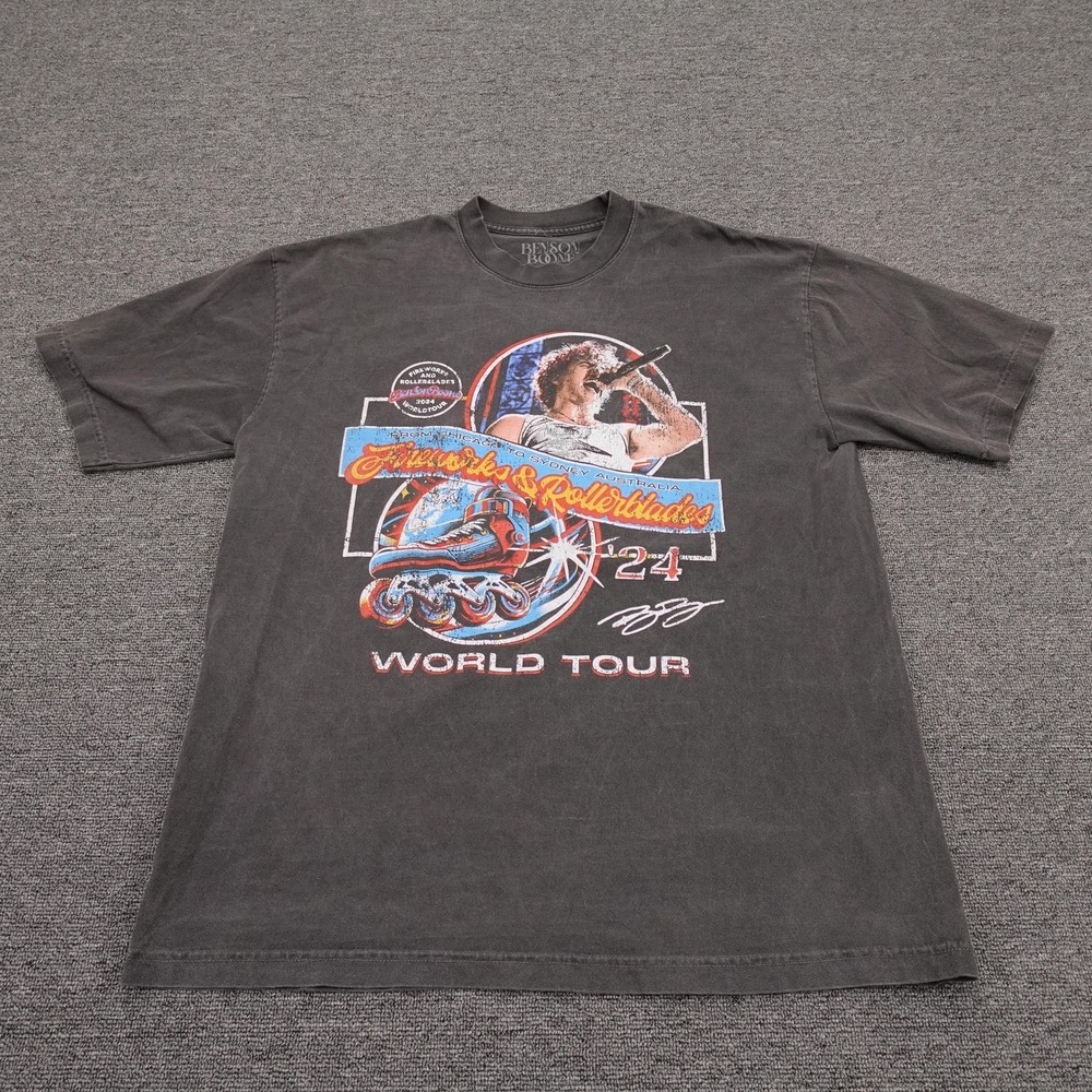 Benson Boone Shirt Mens Large Gray Fireworks & Rollerblades Tour 24 Graphic Tee
